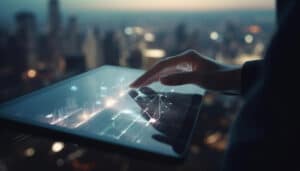 empresario segurando o sucesso do tablet digital na paisagem urbana gerada pela ia Curta