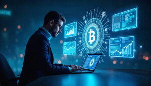 homem digitando em um notebook com a tela espelhada e ampliada que indica o uso do Blockchain no ERP