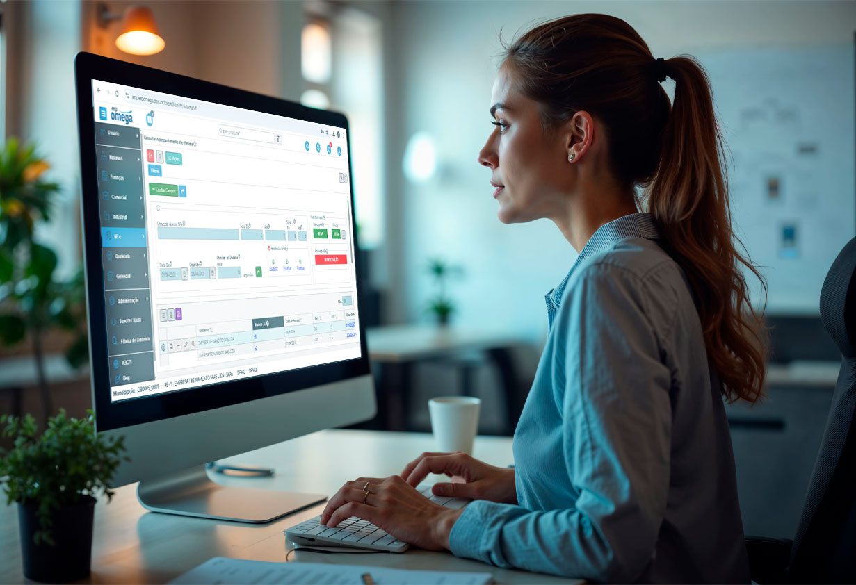 mulher digitando no computador cuja tela está o deshboard de um ERP indicando a IA no ERP