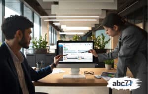 duas pessoas em um escritório apontando para a tela do computador na qual está o ERP ômega da ABC71 referenciando o uso de metodologias ágeis